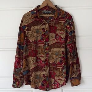 Vintage Linda Allard Ellen Tracy Novelty Print Silk Blouse 12 Old Money Academia